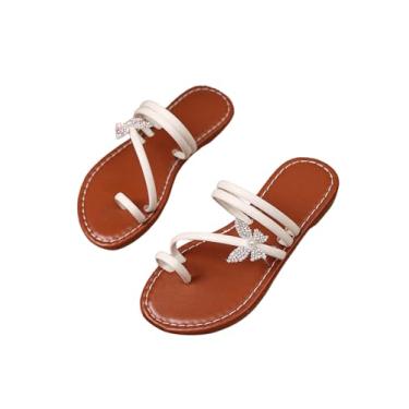 Imagem de GORGLITTER Sandália rasteira feminina de couro com tiras fofas trançadas e elegantes anéis, sandálias deslizantes, Marrom e branco, 16