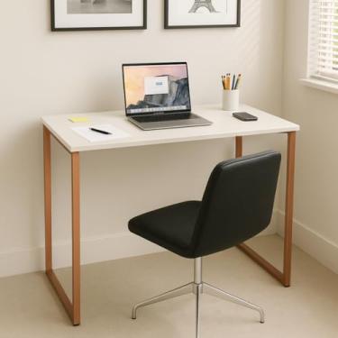 Imagem de Mesa Escrivaninha Premium Estilo Industrial 100x60cm Escritório Moderno 100% MDF e Aço Cor Off White Cobre Rose