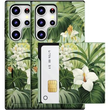 Imagem de MUQR Capa compatível com Samsung Galaxy S23 Ultra com suporte de cartão fofo - Design Kawaii, proteção contra quedas de nível militar, capa carteira robusta para mulheres (folhas verdes de flores