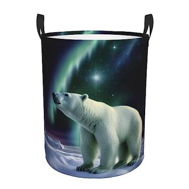 Imagem de Cesto de lavanderia Polar Bears Northern Lights dobrável, impermeável, cesto de armazenamento de roupas com alças, pano Oxford, organizador de brinquedos, cesta para banheiro, lavanderia, quarto