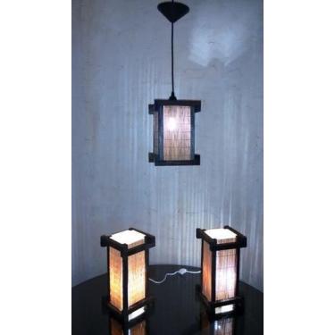 Imagem de Kit Abajures e lustre oriental com telinha de bambu - RoseliArtLuz