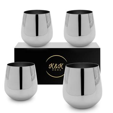 Imagem de K&K Home Taças de vinho prateadas de aço inoxidável inquebráveis sem haste - 425 g - Conjunto de 4 taças de vinho coloridas de metal sem haste perfeitas para atividades ao ar livre, casamentos e