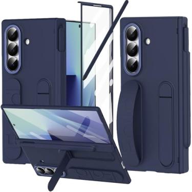 Imagem de YQODSZ Capa com alça de dedo para Samsung Galaxy Z Fold 7 com suporte para caneta S e Stylus, Z Fold7 capa com alça de mão, cobertura total, protetor de tela, proteção de dobradiça, capa de pulseira