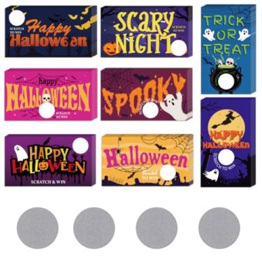 Imagem de PLIGREAT 240 peças de cartões de raspar de Halloween, 8 estilos faça seus próprios cartões de dia das bruxas felizes para arranhar com 240 adesivos de raspadinhas DIY em branco para prêmios de