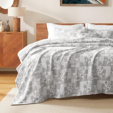 Imagem de SLEEP ZONE Conjunto de colcha de algodão jacquard/solteiro, tamanho GG, macio e leve, conjunto de 2 colchas, geométrico, para todas as estações, 173 x 218 cm, cinza