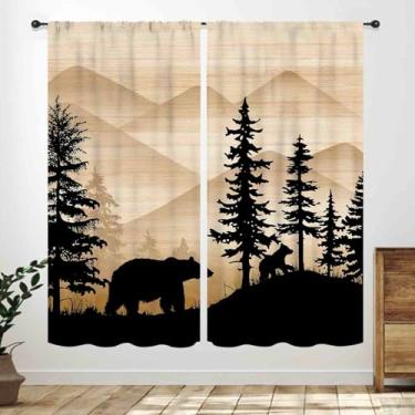 Imagem de Cortinas rústicas de chalé, urso de fazenda, floresta, animal, vida selvagem, caça, campo, marrom, rústica, madeira, janela, tratamento para cozinha, quarto, sala de estar, 2 painéis, 106 x 113 cm
