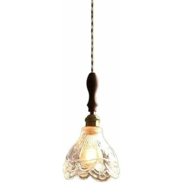 Imagem de Luminária pendente japonesa vintage madeira pingente luz vidro transparente flor luminária minimalista interior E27