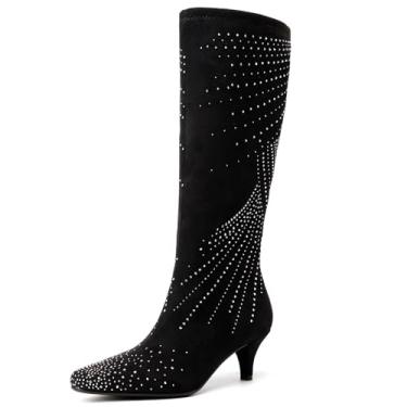 Imagem de GOSERCE Botas de cano alto pretas brilhantes femininas salto baixo com strass bico fino moderno salto gatinho camurça botas altas com zíper sexy glitter bota feminina sapatos de festa de casamento