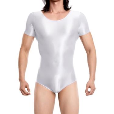 Imagem de SEAUR Body masculino brilhante justo unitard roupa íntima de manga curta collant brilhante lingerie elástica macacão, Branco, M