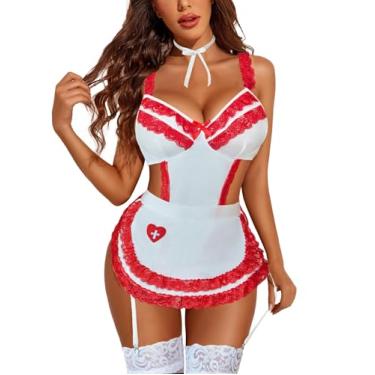Imagem de Avidlove Conjunto de lingerie sexy para mulheres, fantasias de enfermeira, roupa de empregada de renda, vestido de baby-doll branco, enfermeira, PP