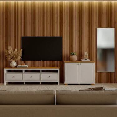 Imagem de Conjunto de Sala 3 Peças com 1 Rack, 1 Armário e 1 Espelho Ananda Cabecasa Madeiramadeira Off White/Mel