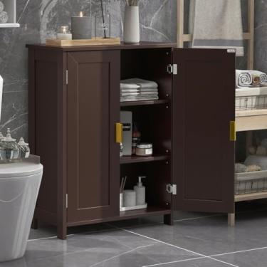 Imagem de TaoHFE Armário de armazenamento de banheiro branco de 2 camadas, armários de banheiro de madeira independentes com 4 organizadores de portas armazenados com prateleiras ajustáveis, armário de