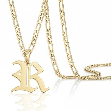 Imagem de Colar masculino com pingente de inicial banhado a ouro 14k Beleco – Colar com letra A-Z com corrente fígaro, joia com pingente de alfabeto de ouro personalizado em inglês antigo, Medium, Banhado a