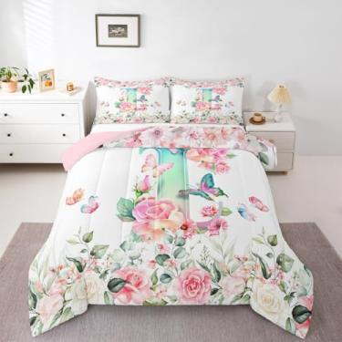 Imagem de Erosebridal Conjunto de cama solteiro com letra em aquarela verde, para meninas, crianças, meninos, com letra I, monograma, flores, jardim, plantas, borboletas, enchimento de edredom