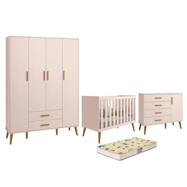Imagem de Dormitório Infantil Isis Guarda Roupa 4 Portas, Cômoda 1 Porta e Berço Rosa com Colchão D18 - Reller Móveis