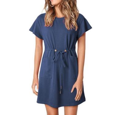 Imagem de Vestido feminino EVALESS primavera verão azul evasê com bolsos