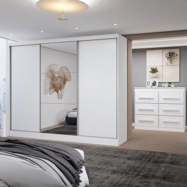 Imagem de Guarda-Roupa Casal Europa 3 Portas 10 Gavetas 100% Mdf com Espelho Branco - Panorama Móveis