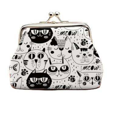 Imagem de Bolsa de moedas de couro de gato estampada criativa, mini bolsa de armazenamento portátil com fivela para moedas, chaves e cartões, preta, 1 pacote