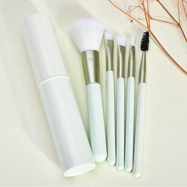 Imagem de Conjunto de 6 pincéis de maquiagem com cerdas macias – Pincéis cosméticos portáteis para pó, sombra, lábios e sobrancelhas – Kit de ferramentas de beleza multiuso para casa, viagem (branco)