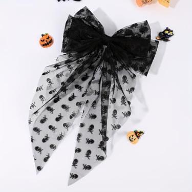 Imagem de Grampo de cabelo com laço de tecido vintage com teia de aranha e estampa de caveira – Acessório de cabelo elegante de Halloween para mulheres, prendedor único com tema de terror, ideal para festas de