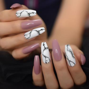 Imagem de Unhas postiças de caixão longo fosco nude roxo capa completa brilhante branco preto mármore unhas postiças kits de manicure
