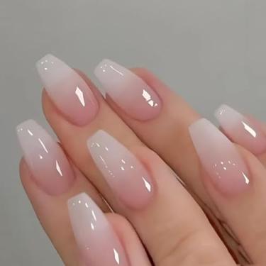 Imagem de Pregos de pressão gradiente, rosa nude bailarina francesa caixão unhas postiças gradiente natural ombré unhas falsas dicas uso diário escritório dedo