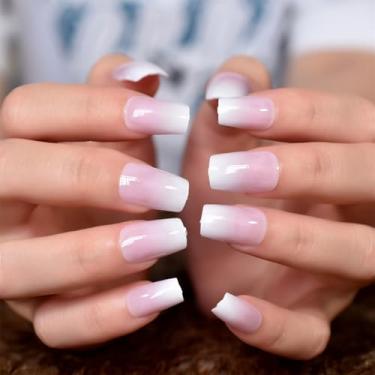 Imagem de Pregos de pressão rosa ombré brilhante comprimento médio caixão quadrado unhas postiças acrílicas dicas de arte de unhas falsas kits de manicure