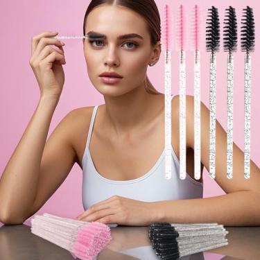 Imagem de 100 pincéis de cílios descartáveis, kits de maquiagem aplicadores de varinhas de rímel, pincéis de spoolies de cílios para extensões de cílios e sobrancelhas (preto/rosa)
