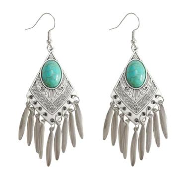 Imagem de Brincos longos boêmios turquesa para mulheres, joia estilo boho ocidental com pedras embutidas coloridas