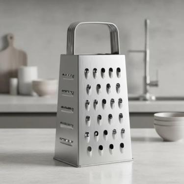 Imagem de Ralador de Quatro Faces em Aço Inox 21cm – 4 Tipos de Corte (Fino, Médio, Grosso e Fatiador), Durável, Antiferrugem, com Alça Ergonômica, Ideal para Queijo, Legumes e Frutas