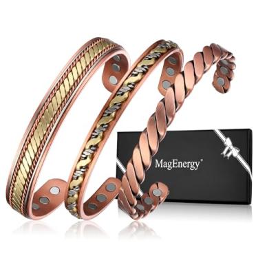 Imagem de MagEnergy Pulseiras de cobre para mulheres e homens, conjunto de 3 peças, terapia magnética, pulseira feita à mão 100% cobre, caixa de presente de joias, 6.89in