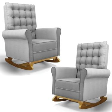 Imagem de Kit 02 Poltronas De Amamentação Base Madeira Balanço Brenda G05 Linho Cinza Escuro - Mpozenato
