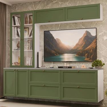 Imagem de Estante Sala De Estar Com Rack + Cristaleira 230cm Vik Madesa 01 Branco-verde