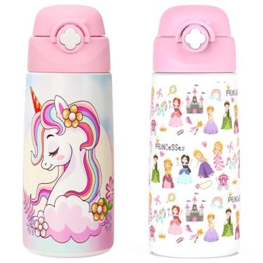 Imagem de Garrafa de água isolada para meninas com canudo pop-up coberto, copos infantis de 473 ml com aço inoxidável à prova de vazamento para escola (pacote com 2, unicórnio + princesa)