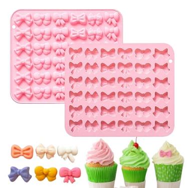 Imagem de 2 peças de moldes de silicone de chocolate com laço, moldes de silicone com 6 formas diferentes, mini moldes de chocolate para doces, gomas, chá de bebê, festa, decoração de bolo DIY (rosa)
