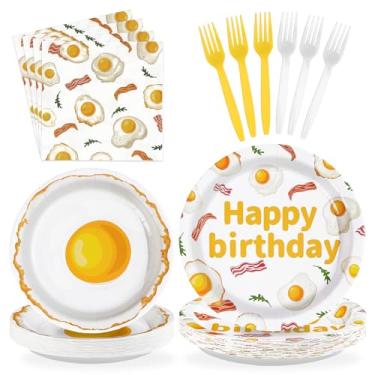Imagem de 96 peças de decorações de aniversário de café da manhã, pratos e guardanapos de ovos fritos com bacon, tema de brunch de Natal, lembrancinhas de decoração de aniversário para crianças, adultos