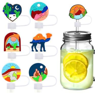 Imagem de 16 peças Adventure Awaits tampas de palha para copos, protetores engraçados de silicone PVC de 10 mm, protetores de canudos à prova de poeira, reutilizáveis, sem BPA, ajuste ecológico para presentes