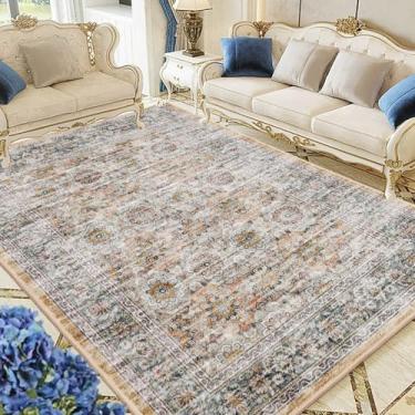 Imagem de ComftRug Tapetes de área lavável à máquina para sala de estar, quarto, estampa envelhecida vintage, cinza, medalhão floral, destaque, tapete de lona baixa, ultrafino, leve, antiderrapante