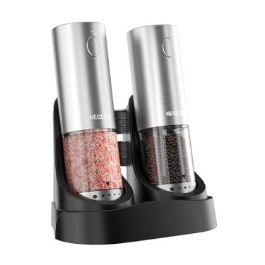 Imagem de Conjunto de moedor elétrico de sal e pimenta com base recarregável – Saleiro e pimenteiro elétrico recarregável automático com grande capacidade, luz LED e grossura ajustável, aço inoxidável