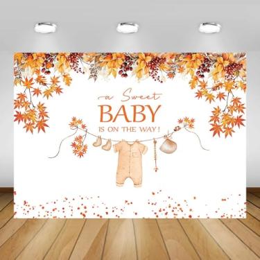 Imagem de AIBIIN Pano de fundo para chá de bebê de outono de 2,1 x 1,5 m A Sweet Baby is On The Way Fotografia Fundo Recém-nascido Folha de Bordo Chá de Bebê Decorações de Festa Folhas de Outono Banner
