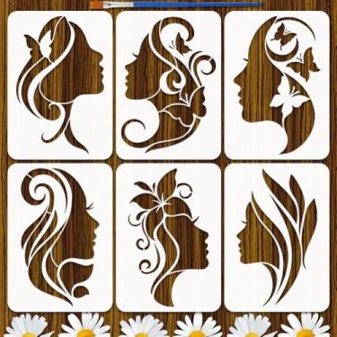 Imagem de FINGERINSPIRE 6 peças de estênceis de silhueta feminina com pincel, 21 x 29,7 cm, reutilizável, modelo de silhueta de rosto feminino, estêncil decorativo para pintura em móveis de parede de madeira