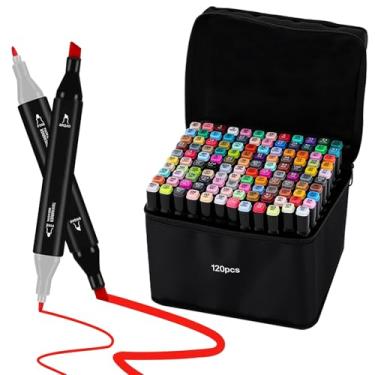 Imagem de Cautyfky Marcadores de álcool de ponta dupla de 120 cores, marcadores artísticos de ponta dupla, conjunto de marcadores de esboço permanente para crianças, adultos, colorir, pintar, esboçar