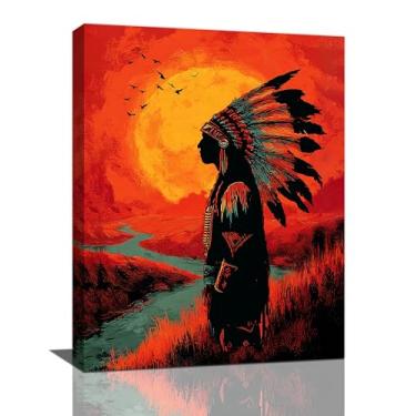 Imagem de Arte de parede nativa americana tribo indígena decoração de parede imagens em tela de penas pinturas de paisagem vintage impressões arte tradicional decorações emolduradas para banheiro quarto sala de