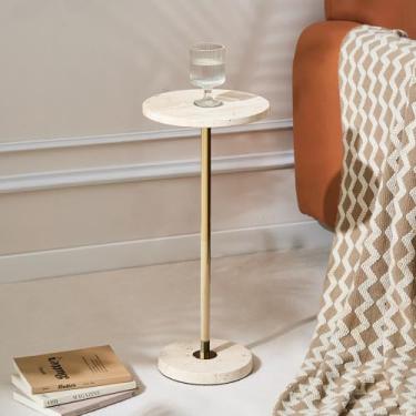 Imagem de Mesa lateral de pedestal de mármore natural pequena premium, mesa de topo, mini mesa de bebida com base de mármore ponderada atualizada, para sala de estar, quarto, banheiro, varanda, espaços pequenos