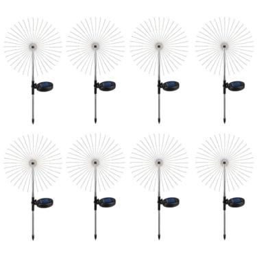 Imagem de 8 peças de luzes de dente-de-leão alimentadas por energia solar para gramado, fio de cobre ao ar livre, à prova d'água com poste de aço inoxidável, 90 LEDs, oito modos de iluminação