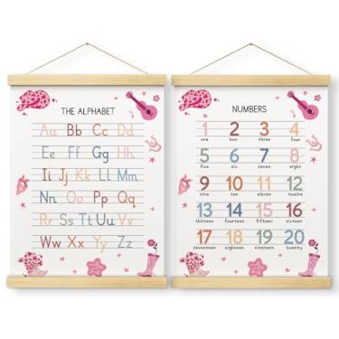 Imagem de Conjunto de 2 pôsteres do alfabeto número vaqueira rosa, pôsteres ABC para crianças com molduras de madeira, pôsteres de aprendizagem para crianças de 1 a 3 anos, decoração de parede de sala de jogos