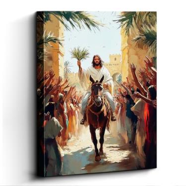 Imagem de WOXZQ Arte de parede de Jesus Cristo, entrada no domingo de palma, decoração de parede cristã, impressão em tela sem moldura, arte de pôster cristão, para presente de igreja, 30 x 38 cm