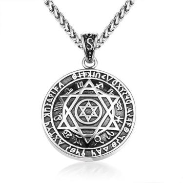 Imagem de Myslie Colar de círculo de estrela dupla face para homens, corrente de prata de aço inoxidável para homens 64 cm, joias hip hop presentes para meninos adolescentes, presentes de batismo para meninos