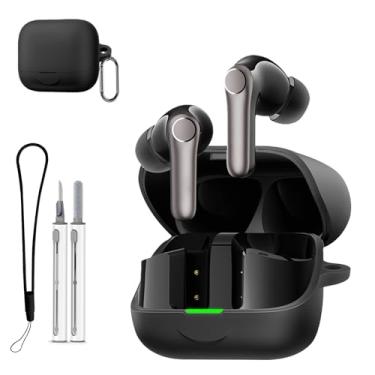 Imagem de Capa de silicone para Earfun Air Pro 4+, capa protetora macia para fones de ouvido com kit de limpeza, cordão e chaveiro, antiarranhões, à prova de poeira, à prova de choque – preta