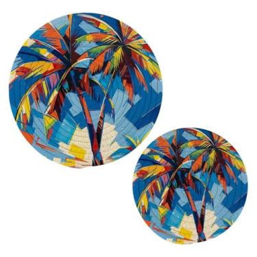 Imagem de Blueangle 2 peças de suporte de panela de palmeiras - conjunto de pegadores de panela de tecido redondo - almofadas quentes trançadas de algodão - porta-copos - tapetes de mesa para cozinhar e assar